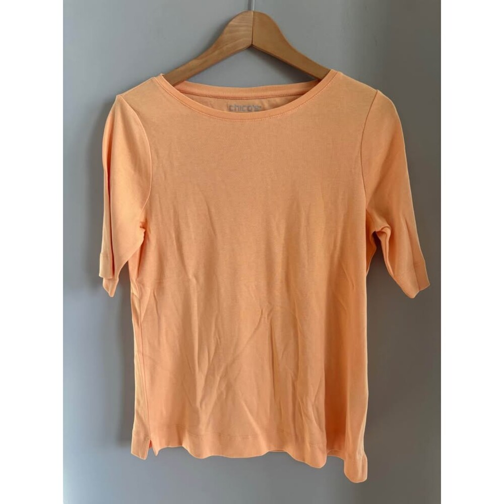 Chico's Peach Coral 100% Pima Cotton Elbow Sleeve Knit Top Tee Size 1 Medium